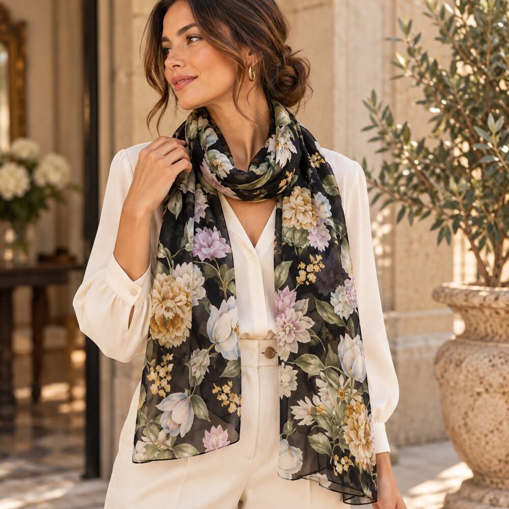 Ann Taylor Silk Scarf Black Floral Classic Botanical Flowers Vintage Style